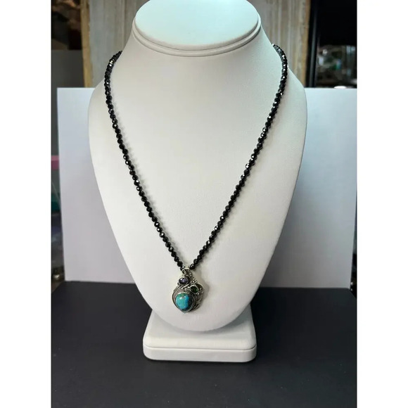 Black spinel and turquoise multi gem sterling silver pendant necklace - Picture 11 of 11